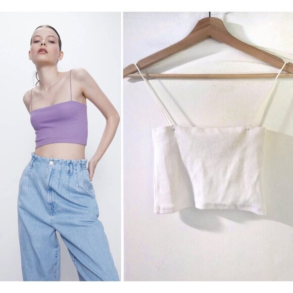 NEW! Zara | Strappy Ribbed Crop Top In White - Picture 1 of 5